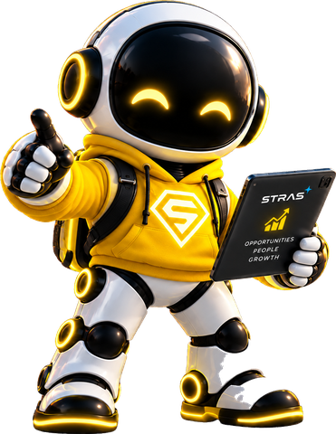 LIBRA, the STRAS business development agent, a robot in a yellow hoodie holding a tablet